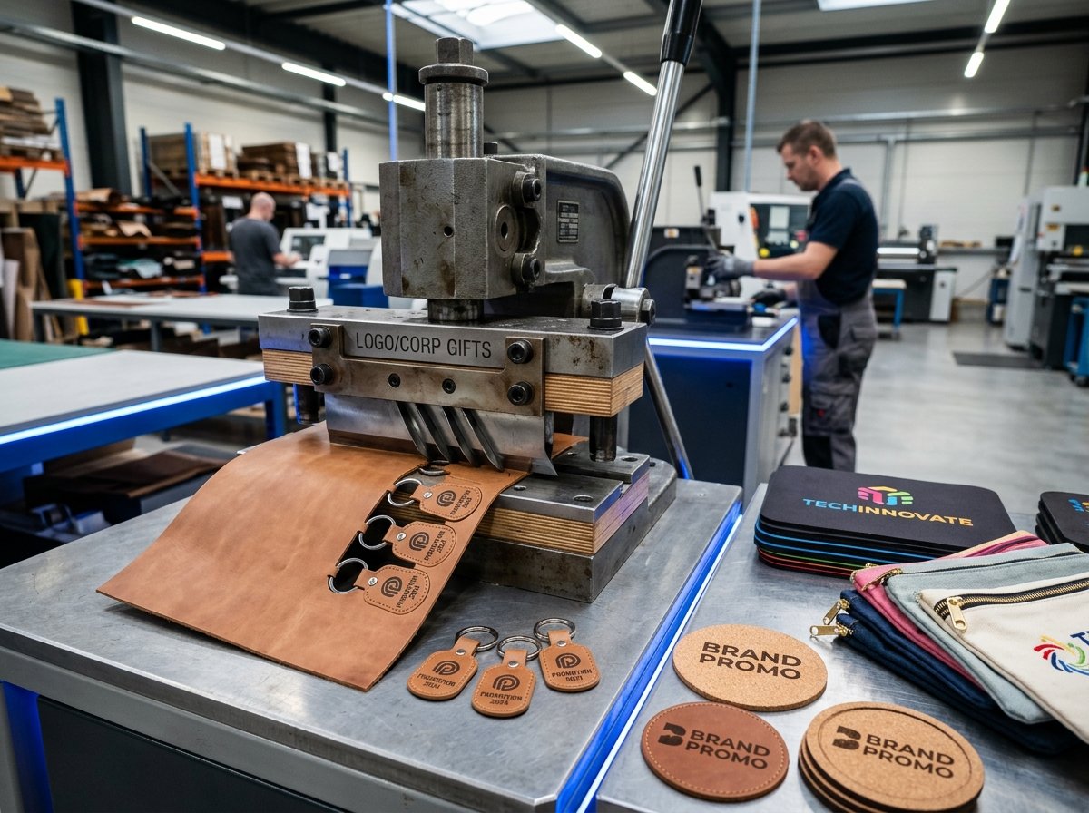 Facas de balancim industriais cortando chaveiros de couro, mouse pads e necessaires promocionais