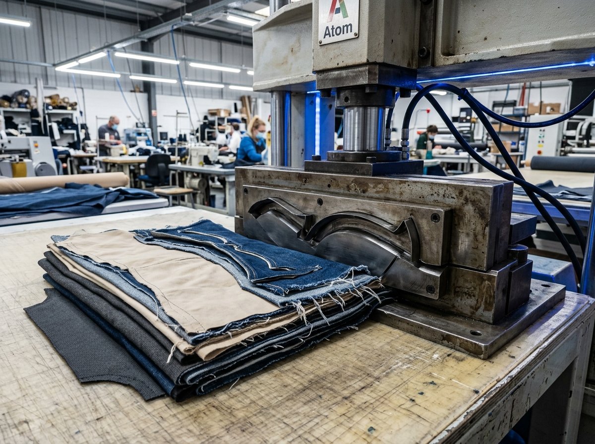 Facas industriais de balancim cortando enfestos de tecidos, jeans e sintéticos em confecção têxtil